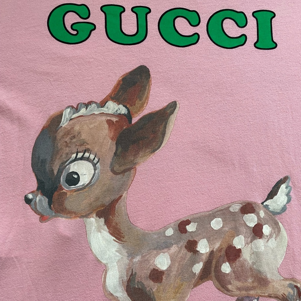 Gucci Pink Bambi Deer Floral Print Short Sleeve Cotton T-Shirt Womens Size Small - Picture 5 of 16